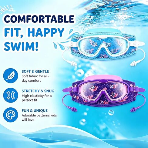 2-Pack Axolotl Kids Swim Goggles with Soft Fabric Strap — Anti-Fog, Comfortable Fit for Young Swimmers in Kuwait