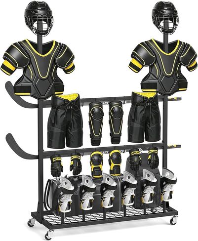 ikkle Hockey Gear Drying Rack with Storage Shelf & Wheels, Ice Hockey Stick Holder, Equipment Dryer for Ice Hockey, Lacrosse, Large Display Rack Sports Metal Shelving Tree Stand for Home, Locker Room in Kuwait
