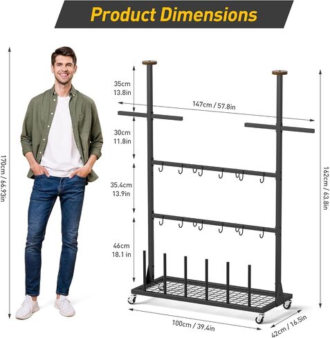 ikkle Hockey Gear Drying Rack with Storage Shelf & Wheels, Ice Hockey Stick Holder, Equipment Dryer for Ice Hockey, Lacrosse, Large Display Rack Sports Metal Shelving Tree Stand for Home, Locker Room in Kuwait
