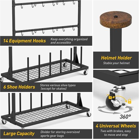 ikkle Hockey Gear Drying Rack with Storage Shelf & Wheels, Ice Hockey Stick Holder, Equipment Dryer for Ice Hockey, Lacrosse, Large Display Rack Sports Metal Shelving Tree Stand for Home, Locker Room in Kuwait