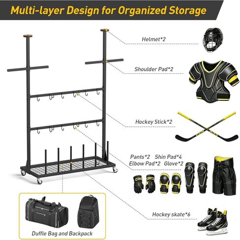 ikkle Hockey Gear Drying Rack with Storage Shelf & Wheels, Ice Hockey Stick Holder, Equipment Dryer for Ice Hockey, Lacrosse, Large Display Rack Sports Metal Shelving Tree Stand for Home, Locker Room in Kuwait