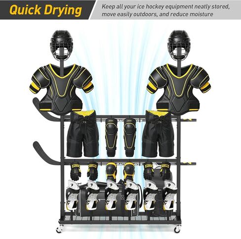 ikkle Hockey Gear Drying Rack with Storage Shelf & Wheels, Ice Hockey Stick Holder, Equipment Dryer for Ice Hockey, Lacrosse, Large Display Rack Sports Metal Shelving Tree Stand for Home, Locker Room in Kuwait