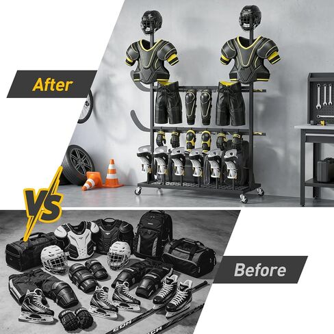 ikkle Hockey Gear Drying Rack with Storage Shelf & Wheels, Ice Hockey Stick Holder, Equipment Dryer for Ice Hockey, Lacrosse, Large Display Rack Sports Metal Shelving Tree Stand for Home, Locker Room in Kuwait