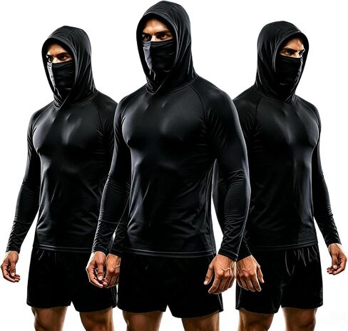 3 Pack Men's UPF 50+ Sun Protection Hoodies, Long Sleeve Moisture Wicking Shirts with Face Mask for Fishing in Kuwait