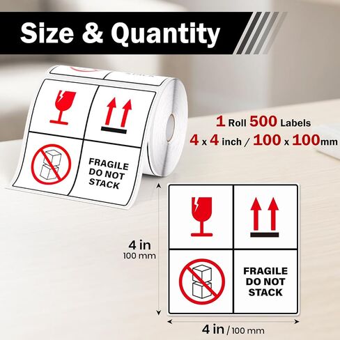 300PCS Fragile Do Not Stack Sticker Roll 4" x 4" Self-Adhesive Vinyl Waterproof This Side Up Sign Fragile Warning Label for Shipping Packing Handling Moving Warehousing in Kuwait
