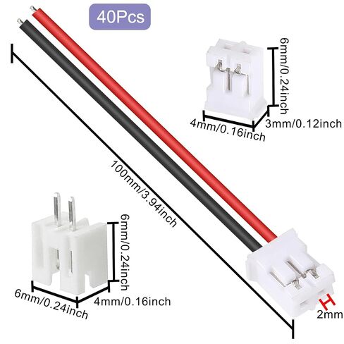40 Pcs JST 2.0 PH 2 Pin Male Connector with 10cm Cable and Female Micro JST PH 2.0mm 2 Pin Connector Plug for Aircraft Quadcopter Boat Car Toy PCB Control Panels in Kuwait