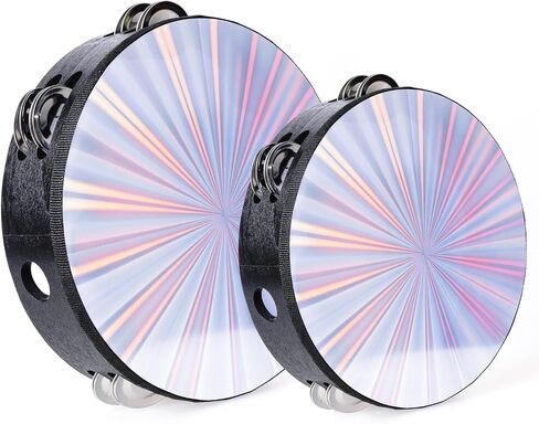 Nydotd 2pcs Radiant Tambourine Hand Held Drums Double Row Jingles Reflective Tambourine Musical Instrument for Adults Church KTV Party (Black Radiant, 10 Inch and 8 Inch) in Kuwait