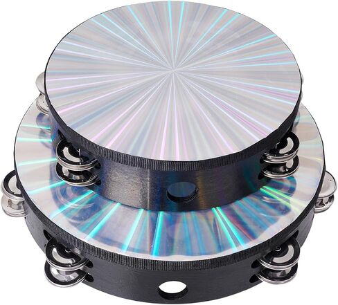 Nydotd 2pcs Radiant Tambourine Hand Held Drums Double Row Jingles Reflective Tambourine Musical Instrument for Adults Church KTV Party (Black Radiant, 10 Inch and 8 Inch) in Kuwait