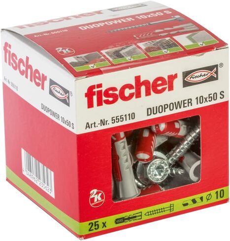 مثبتات حائط عالمية من Fischer DuoPower 3/8"x 2" (10x50 مم) للخرسانة والطوب والجدران الجافة والخشب (إصدار متري) - 25 مرساة و25 برغي in Kuwait