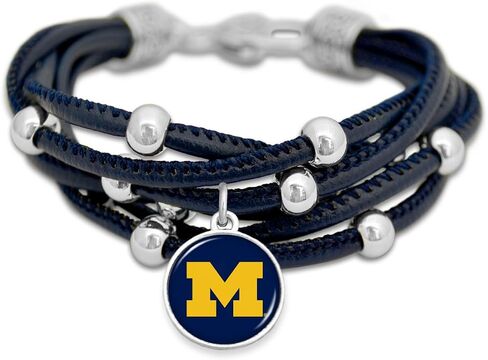 سوار من الجلد من Michigan Wolverines للنساء مع حلية شعار الفريق ومشبك جراد البحر ومجوهرات عصرية متعددة الحبال مقاس 7.5 بوصة تصميم مضاد للتشويه in Kuwait
