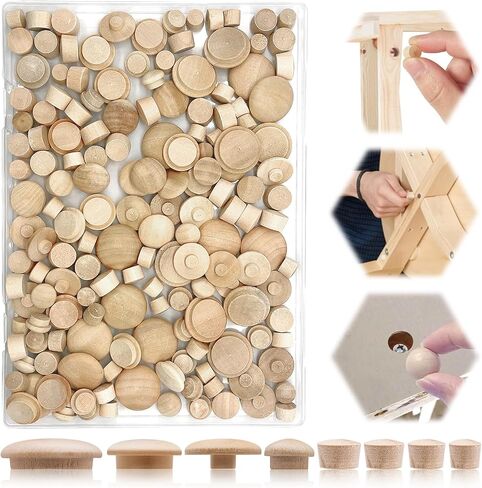 160 Pcs 2 Styles Wood Hole Plugs Assortment Set, 3/16 Inch, 5/16 Inch, 3/8 Inch, 1/2 Inch Hardwood Maple Button Cap, Flush Type Wooden Screw Covers for Decor Furniture in Kuwait