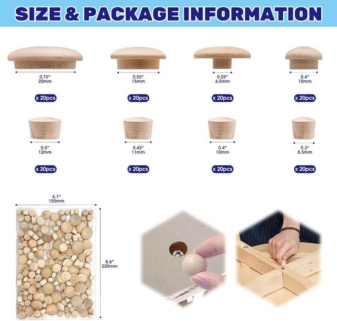 160 Pcs 2 Styles Wood Hole Plugs Assortment Set, 3/16 Inch, 5/16 Inch, 3/8 Inch, 1/2 Inch Hardwood Maple Button Cap, Flush Type Wooden Screw Covers for Decor Furniture in Kuwait