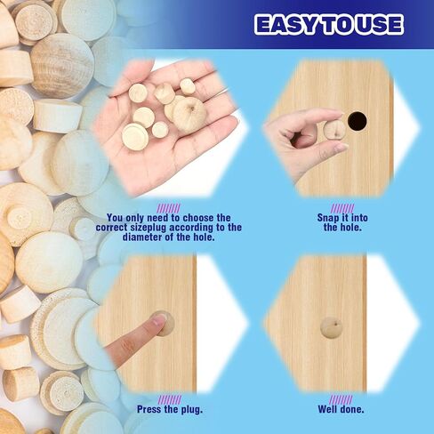 160 Pcs 2 Styles Wood Hole Plugs Assortment Set, 3/16 Inch, 5/16 Inch, 3/8 Inch, 1/2 Inch Hardwood Maple Button Cap, Flush Type Wooden Screw Covers for Decor Furniture in Kuwait