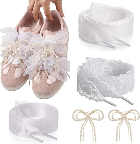 White Ribbon Shoe Laces Women Lace Shoelaces Pearl Shoe Charms for Sneakers Jewelry in Saudi Arabia