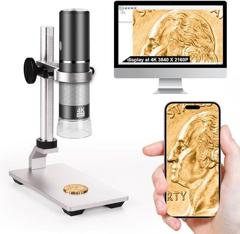 مجهر 4K مع حامل احترافي + حافظة لهاتف iPhone Android PC، كاميرا عالية الدقة بمجهر USB رقمي 50-1000X لجميع الهواتف المحمولة iPad Android Tablet Windows Mac Chrome Linux in Kuwait