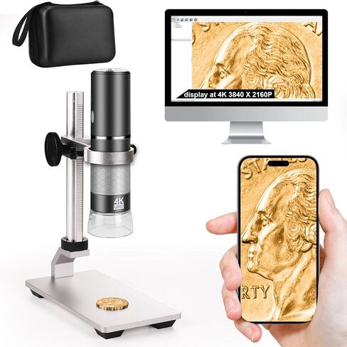 مجهر 4K مع حامل احترافي + حافظة لهاتف iPhone Android PC، كاميرا عالية الدقة بمجهر USB رقمي 50-1000X لجميع الهواتف المحمولة iPad Android Tablet Windows Mac Chrome Linux in Kuwait