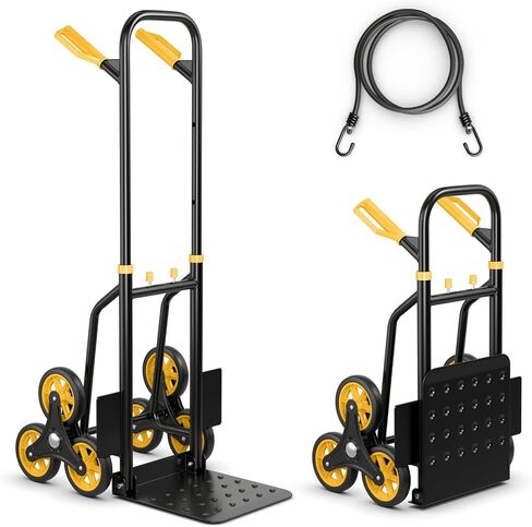 Goplus Stair Climbing Dolly, Folding Height Adjustable Hand Cart w/Elastic Rope, 350LBS Capacity, 6 Rubber Wheels, 12"x11.5" Nose Plate, 2-in-1 Heavy Duty Stair Climber Hand Truck for Moving Shopping in Kuwait