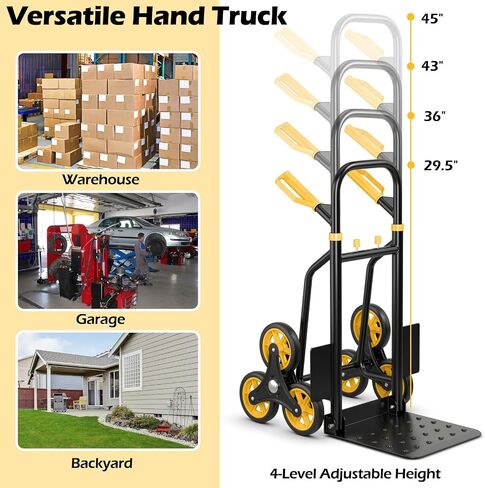 Goplus Stair Climbing Dolly, Folding Height Adjustable Hand Cart w/Elastic Rope, 350LBS Capacity, 6 Rubber Wheels, 12"x11.5" Nose Plate, 2-in-1 Heavy Duty Stair Climber Hand Truck for Moving Shopping in Kuwait