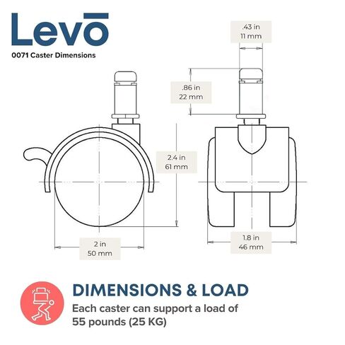 عجلات دوارة LEVO مقاس 2 بوصة مع أقفال وجذع حلقي مقسم مقاس 11 مم بسعة 55 رطلاً لكل عجلة - أسود - مجموعة من 4 قطع in Kuwait