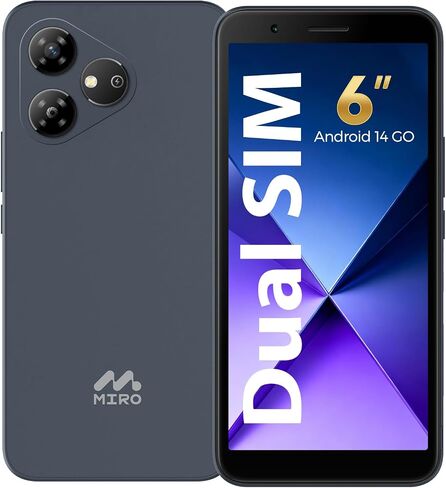 هاتف MIRO غير مقفل 4G - هاتف ذكي جديد يعمل بنظام Android 14 Go Edition، شاشة 6 بوصة، 2 جيجابايت + 32 جيجابايت (256 جيجابايت قابلة للتوسيع)، بطارية 3000 مللي أمبير، كاميرا 5 ميجابكسل + 2 ميجابكسل، بطاقة SIM مزدوجة، مقبس سماعة رأس 3.5 ملم (رمادي) in Kuwait