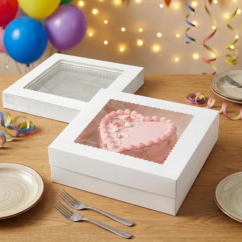 10 قطع من KEEPARTY مقاس 16×16×4 بوصة، صناديق خبز كبيرة مع نافذة غطاء، صناديق مخبوزات معجنات بيضاء للاستعمال مرة واحدة، صندوق كعك الكعك لحفلات الزفاف وأعياد الميلاد والاحتفالات in Kuwait