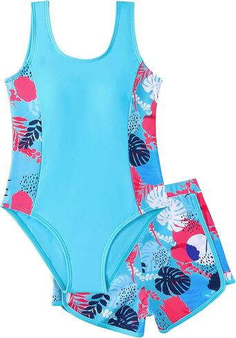 Girls One Piece Swimsuit with Shorts Sleeveless Stretchy Swimwear Sun Protection Padded Bathing Suit 5-14 Years in Kuwait