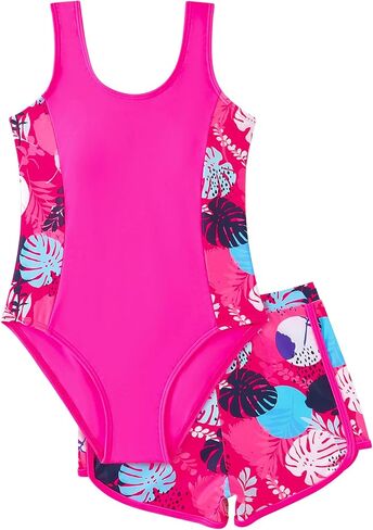 Girls One Piece Swimsuit with Shorts Sleeveless Stretchy Swimwear Sun Protection Padded Bathing Suit 5-14 Years in Kuwait