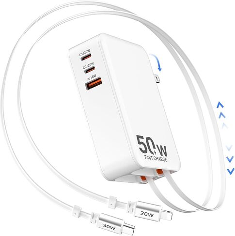 50W Retractable Wall Charger with Dual Cables, Retractable Phone Charger in Saudi Arabia