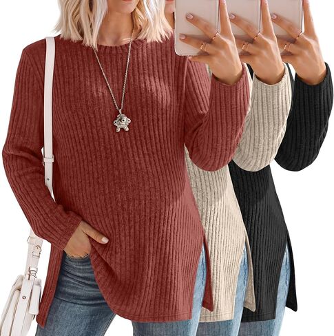 3 Pack Women's Maternity Shirts, Ribbed Long Sleeve Pregnancy Sweaters Knit Split Side Crew Neck Tunic Tees Tops in Saudi Arabia