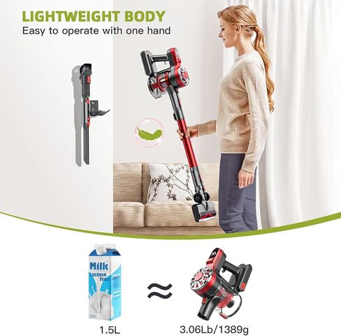 WLOTPO Cordless Vacuum Cleaner for Home,Lightweight Stick Vacuum Cordless Rechargeable with Power Suction, Up to 35 Mins Runtime, Hardwood Floor Vacuum for Pet Hair,Carpets,Tile(Ruby Red) in Saudi Arabia