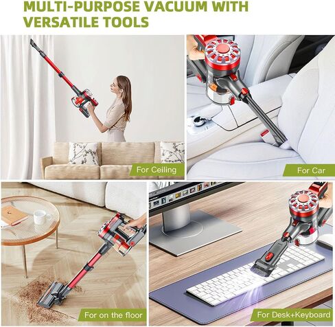WLOTPO Cordless Vacuum Cleaner for Home,Lightweight Stick Vacuum Cordless Rechargeable with Power Suction, Up to 35 Mins Runtime, Hardwood Floor Vacuum for Pet Hair,Carpets,Tile(Ruby Red) in Saudi Arabia