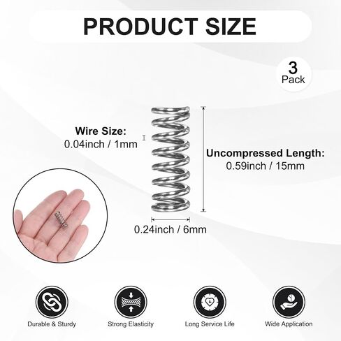 M METERXITY 3-Pack Compression Springs, 15mm Length 6mm OD 304 Stainless Steel Pruner Replacement Springs for Garden Tool/DIY/Mechanical Repair Replacement [Silver Tone, 1mm Wire Size] in Kuwait