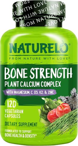 NATURELO Calcium Supplement - with Vitamin C, Vitamin D3, K2, and Calcium Magnesium Zinc for Bone Strength with Calcium 600mg - Plant-Based, 120 Vegetarian Capsules, Non-GMO, Soy & Gluten-Free in Kuwait