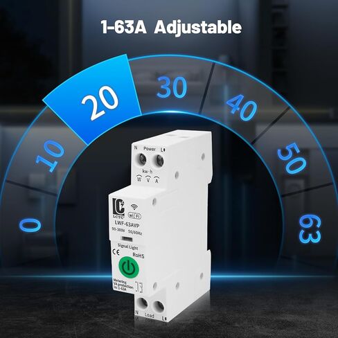 Smart WiFi Switch 110V,din Rail,1–63A Adjustable, 1P,Circuit Breaker,90–300V Wide Voltage, Remote App Control, Overload & Short-Circuit Protection,10A 16A 20A 25A in Kuwait