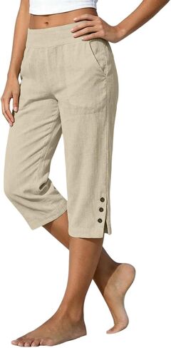 Linen Capri Pants for Women Casual Straight Leg Elastic Waist Split Button Harem Pants Travel Beach Trousers with Pockets in Kuwait