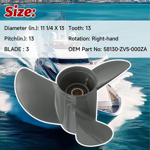 مروحة القارب الخارجية 11 1/4 × 13 متوافقة مع محركات هوندا 35-60HP 13 أسنان خدد 11.25x13 ألومنيوم 3 شفرات RH استبدال 58130-ZV5-000ZA in Kuwait