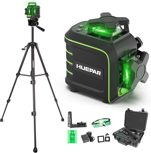 مستوى ليزر Huepar 360 مع حامل ثلاثي القوائم، أداة تسوية ليزر خضراء ذاتية التسوية | حماية من السقوط مقاس 60 بوصة، حقيبة تخزين متميزة، مجموعة ملحقات كاملة، وضع النبض، تعديل السطوع، نظارات خضراء in Kuwait