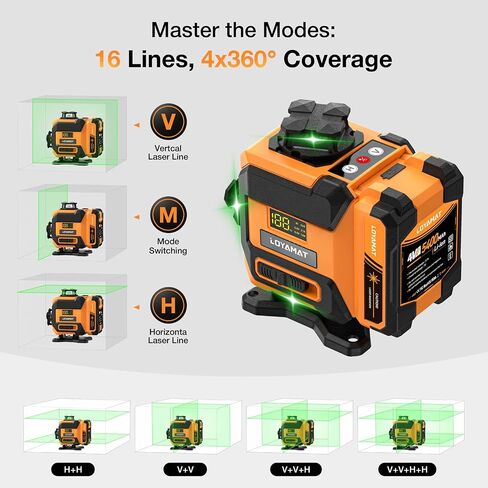 مستوى ليزر، مستوى ليزر ذاتي التسوية 4 × 360 درجة مع حامل ثلاثي القوائم، أداة تسوية ليزر بخط متقاطع أخضر 16 خطًا للبناء والبلاط والأعمال الخشبية in Kuwait