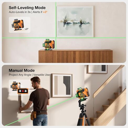 مستوى ليزر، مستوى ليزر ذاتي التسوية 4 × 360 درجة مع حامل ثلاثي القوائم، أداة تسوية ليزر بخط متقاطع أخضر 16 خطًا للبناء والبلاط والأعمال الخشبية in Kuwait