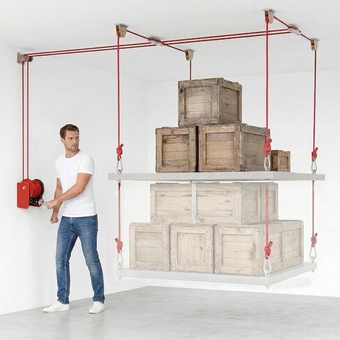 Overhead Garage Storage Lift Hoist, 400 lbs Ceiling Garage Hoist System with Hand Crank, Heavy Duty Double Rope Pulley Lift, Adjustable Garage Organizer for Bikes, Kayaks & Storage Bins (No Platform) in Kuwait