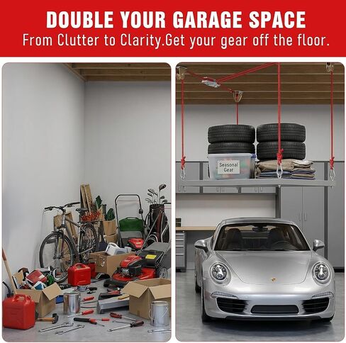Overhead Garage Storage Lift Hoist, 400 lbs Ceiling Garage Hoist System with Hand Crank, Heavy Duty Double Rope Pulley Lift, Adjustable Garage Organizer for Bikes, Kayaks & Storage Bins (No Platform) in Kuwait