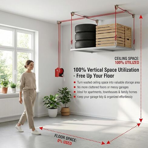 Overhead Garage Storage Lift Hoist, 400 lbs Ceiling Garage Hoist System with Hand Crank, Heavy Duty Double Rope Pulley Lift, Adjustable Garage Organizer for Bikes, Kayaks & Storage Bins (No Platform) in Kuwait