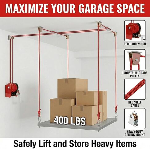 Overhead Garage Storage Lift Hoist, 400 lbs Ceiling Garage Hoist System with Hand Crank, Heavy Duty Double Rope Pulley Lift, Adjustable Garage Organizer for Bikes, Kayaks & Storage Bins (No Platform) in Kuwait