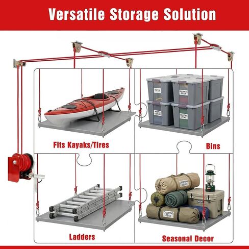 Overhead Garage Storage Lift Hoist, 400 lbs Ceiling Garage Hoist System with Hand Crank, Heavy Duty Double Rope Pulley Lift, Adjustable Garage Organizer for Bikes, Kayaks & Storage Bins (No Platform) in Kuwait