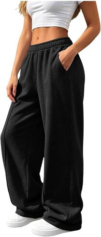 High Waist Straight Leg Sweatpants for Women 2026 Fall Fashion Wide Leg Pants Workout Loose Baggy Trousers with Pocket in Kuwait