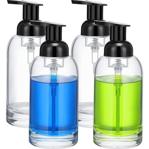 Eccliy 4 Pack 13 oz Foaming Hand Soap Dispenser Clear Glass Jar Soap Dispenser with Foaming Pump, Clear Thick Hand Liquid Dish Pump Round Bottles for Bath Home Kitchen Oil Lotion in Kuwait