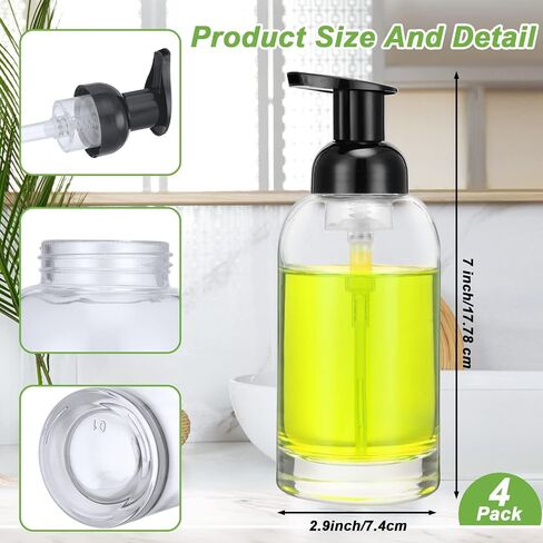 Eccliy 4 Pack 13 oz Foaming Hand Soap Dispenser Clear Glass Jar Soap Dispenser with Foaming Pump, Clear Thick Hand Liquid Dish Pump Round Bottles for Bath Home Kitchen Oil Lotion in Kuwait