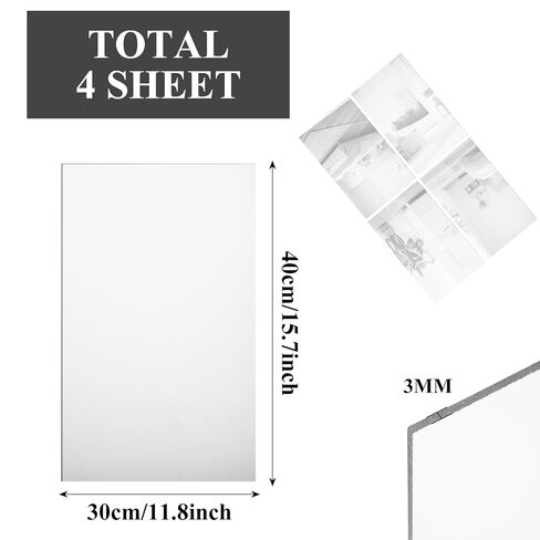 JMIATRY 4PCS Silver Acrylic Mirror Sheets 1/8 Thick,12 x 16 Inch Silver Reflective Acrylic Sheets 3 mm Plastic Mirrors Sheet Panel Mirrors Reflective Plexiglass Sheet for DIY Craft, with Protect Film in Kuwait