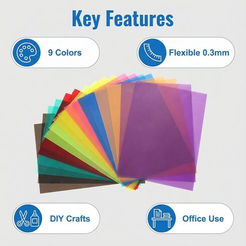 A4 Colored PVC Sheets 18-Pack, 0.3mm Flexible Transparency Film - 9 Colors for DIY Crafts, Office Use, Photography Light Gels, and Educational Projects in Kuwait