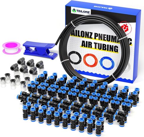 TAILONZ PNEUMATIC Black DOT 1/4''OD 10 Meter 32.8ft Nylon Air Tubing Kit Pipe Hose Air Line Tubing Air Hose Fittings Push to Connect Fittings(41PCS) in Saudi Arabia